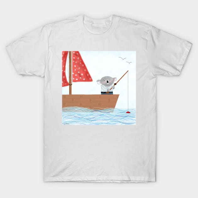 Koala fishing on a boat T-Shirt by Charlotsart